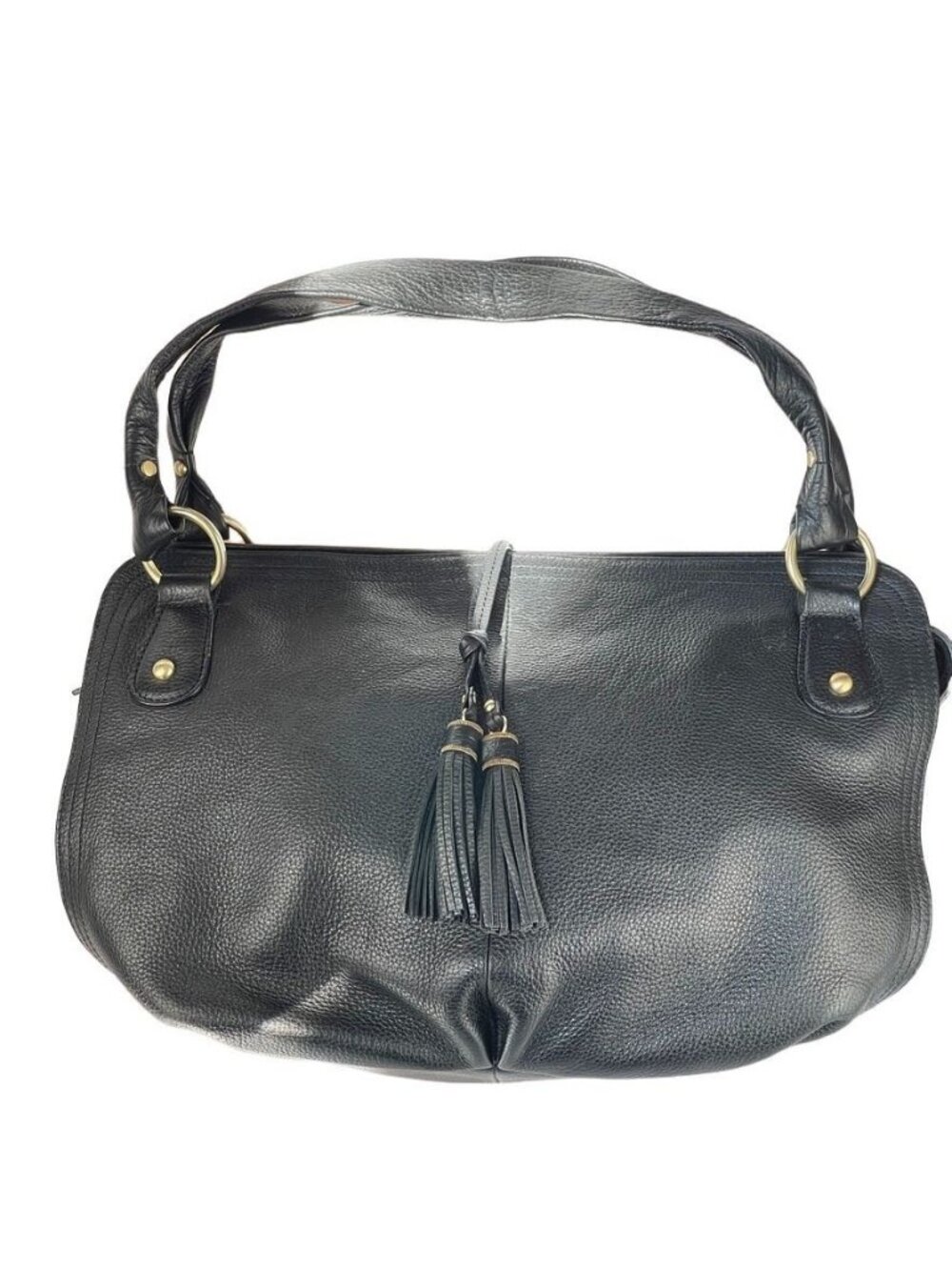 Talbots Black Genuine Leather Shoulder Bag With Tassel Accents And Gold-Tone Har